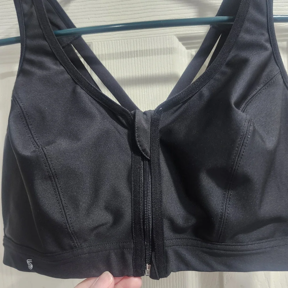 Glamorise Sport Bra 36D Black Front Zip‎ High Support Crisscross Back Activewear